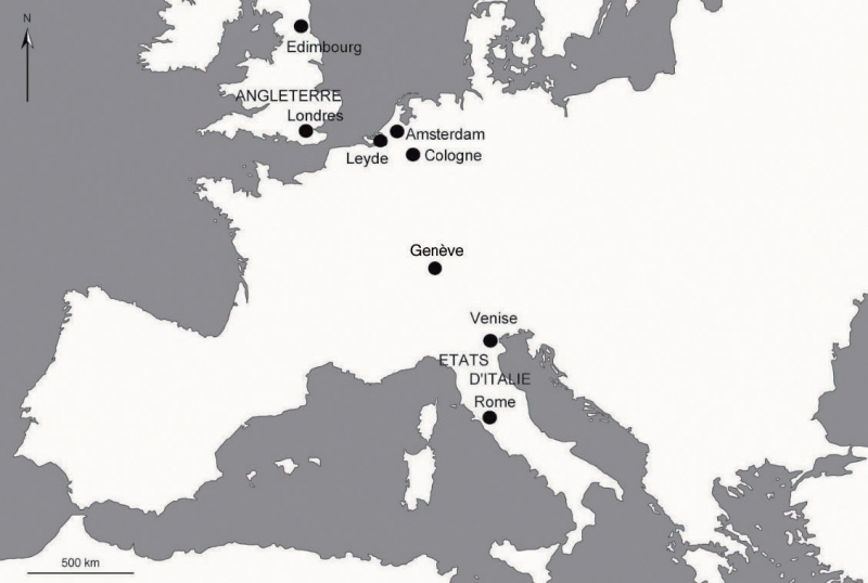 Fig. 3. Lieux d’édition des Tabulae Anatomicae d’Eustache en Europe au XVIIIe siècle