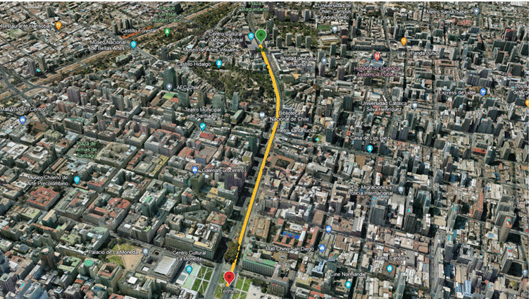 Figure 1 : Carte du parcours de la marche (1,4 km) du Centre culturel Gabriela Mistral au Palais de la Moneda, le long de l’avenue Libertador Bernardo O’Higgins, connue sous le nom de « La Alameda ».