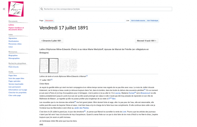 Figure 1a. Vue partielle de la lettre « Vendredi 17 juillet 1891 » : rendu HTML sur navigateur