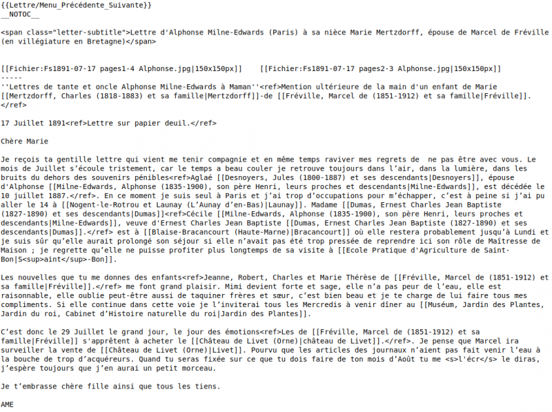Figure 1b. Vue partielle de la lettre « Vendredi 17 juillet 1891 » : texte brut avec balises wikicode